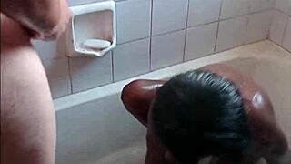 Petite ebony babe gives sloppy blowjob then tight pussy doggystyle in bathroom