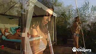 Horny Milfs Dive into a Steamy Lesbian Threesome by the Poolside Cabana