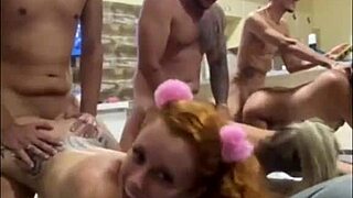 three eager women share intense bent over group action