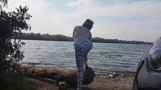 Slut sucks cock by river till mouth cum-flooded