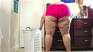 horny cameraman jerks massive cum load accidentally on plump bbw milf's bubble ass in tight leggings workout