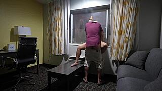 Pregnant woman has wild sex in open hotel room with doors ajar