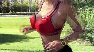 Blonde milf wife jogs with her big tits bouncing and thick ass swaying