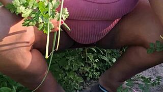curvy ebony babe tends church garden with big ass and natural tits bouncing