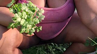 curvy ebony babe tends church garden with big ass and natural tits bouncing