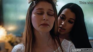 Lesbian bride licks hairy pussy in lingerie