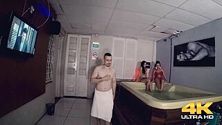 Young babe with big tits sucks monster cock in sauna