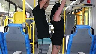 dirty old man grinds and jerks off on curvy brunette's big ass in bus