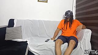 Innocent teen takes huge cock on sofa nearly caught mid-thrust