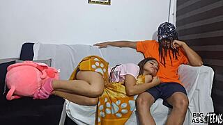 Innocent teen takes huge cock on sofa nearly caught mid-thrust