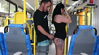 dirty old man grinds and jerks off on curvy brunette's big ass in bus
