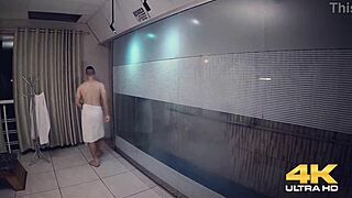 Young babe with big tits sucks monster cock in sauna