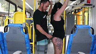 dirty old man grinds and jerks off on curvy brunette's big ass in bus