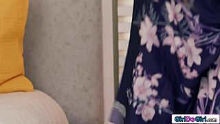 yo, check out this busty asian getting her pussy licked and strapon fucked by her gf on tape