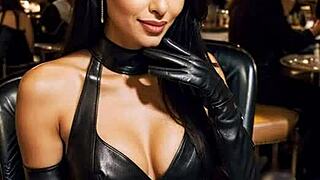 a classy french brunette in leather gloves blows at paris rooftop restaurant
