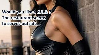 a classy french brunette in leather gloves blows at paris rooftop restaurant