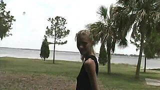 blonde milf mindy flashes big cock handjob outdoors public