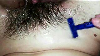 Shaving my extreme hairy big clit cunt close-up
