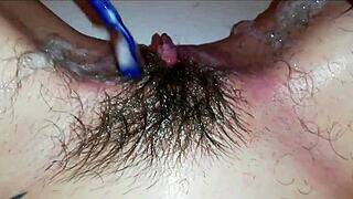 Shaving my extreme hairy big clit cunt close-up