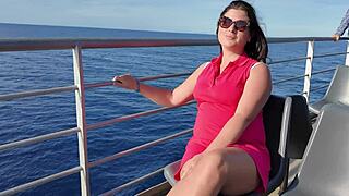 Curvy brunette MILF flashes big natural tits in public then toys her wet pussy outdoors