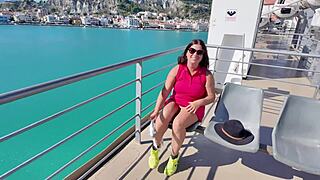 Curvy brunette MILF flashes big natural tits in public then toys her wet pussy outdoors