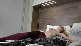 hey check out this insanely hot milf in shiny red see-through pantyhose stroking her neighbor's massive cock with pure lust
