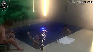 friends sneak threesome dip in motel pool shadows