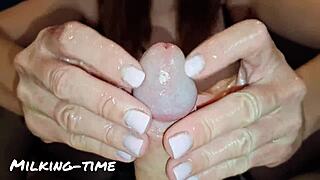 those pretty pink nails stroke and milk his monster cock until he explodes four times