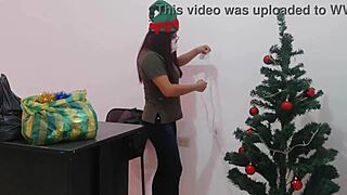 Big ass office mom decorates Christmas tree while moaning in public ecstasy