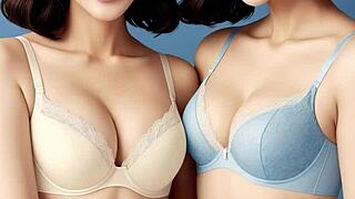 Cute Asian models tease barefoot in sexy lingerie and panties