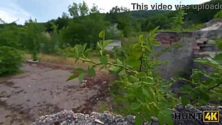 overwhelmed by passion as slutty brunette takes strangers cock deep in her ass outdoors