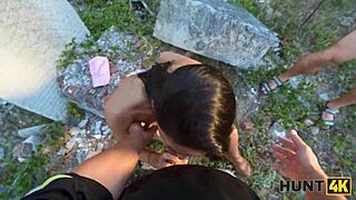 overwhelmed by passion as slutty brunette takes strangers cock deep in her ass outdoors