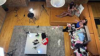 Two Horny Brunette Milf Wives Tease CFNM Handjob in Homemade 3some