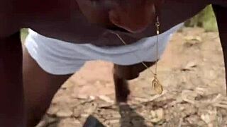 Busty curly latina brunette rides cock hard in risky public nature pov