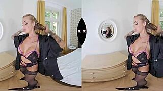sexy black lingerie babe toys her huge tits in vr reality