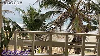 Ebony wife boldly flashes pussy at beach house