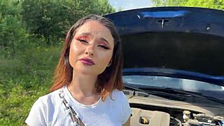 Bitch fixes car by deepthroating and riding cock instead