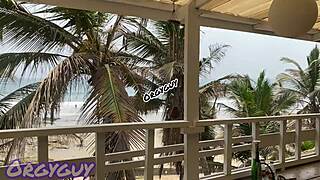 Ebony wife boldly flashes pussy at beach house