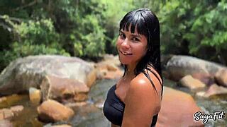 sayafit gets fucked outdoors by guy at river with big ass