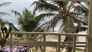 Ebony wife boldly flashes pussy at beach house