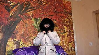 Milf Sucks Big Dildo in Fur Hood Coat