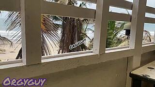 Ebony wife boldly flashes pussy at beach house