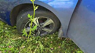 Bitch fixes car by deepthroating and riding cock instead