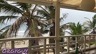 Ebony wife boldly flashes pussy at beach house