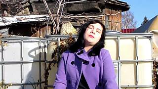 cute milf puffs cigarette outdoors flashing dildo-stuffed shaved pussy and perky tits