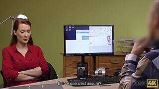 Redhead teen trades blowjob for loan in spontaneous office fuck session