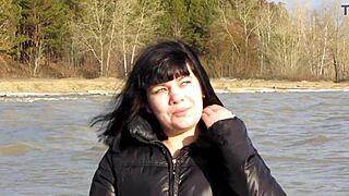 cute milf puffs cigarette outdoors flashing dildo-stuffed shaved pussy and perky tits