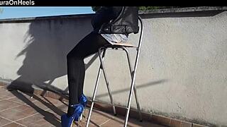 girl rocks denim shorts black tights and tall heels