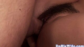 Hairy asian housewife rides thick cock wildly right in front of husband