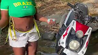 brazilian ebony begs stranger for forest monster cock pounding almost caught